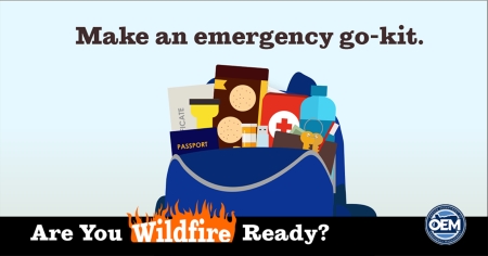 A backpack with emergency supplies and text that reads: Make an emergency go-kit